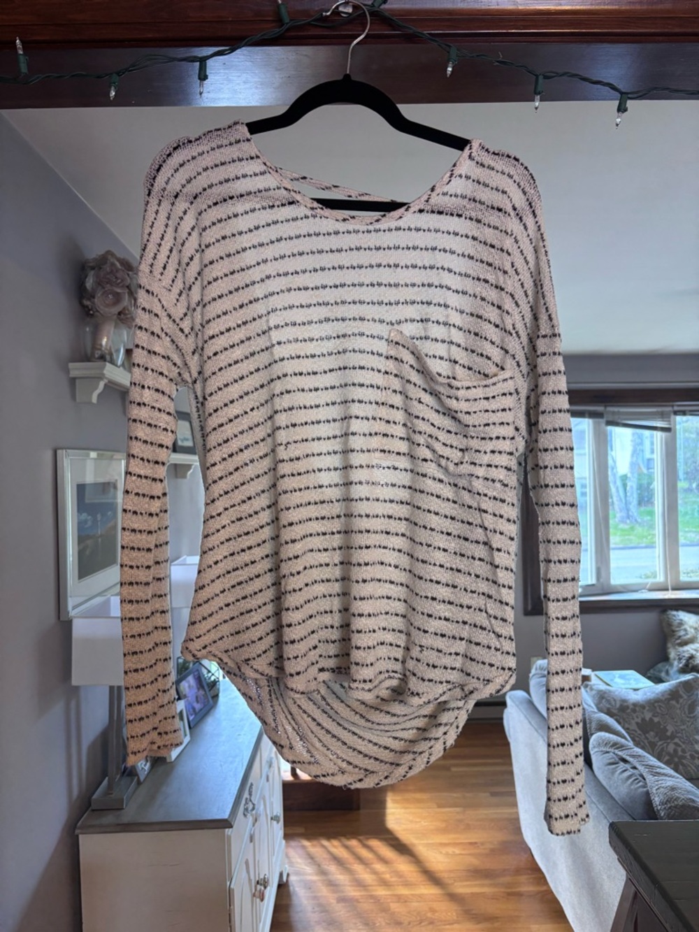Free People Striped Long-Sleeve Pocket Knit Top - Cream/Black